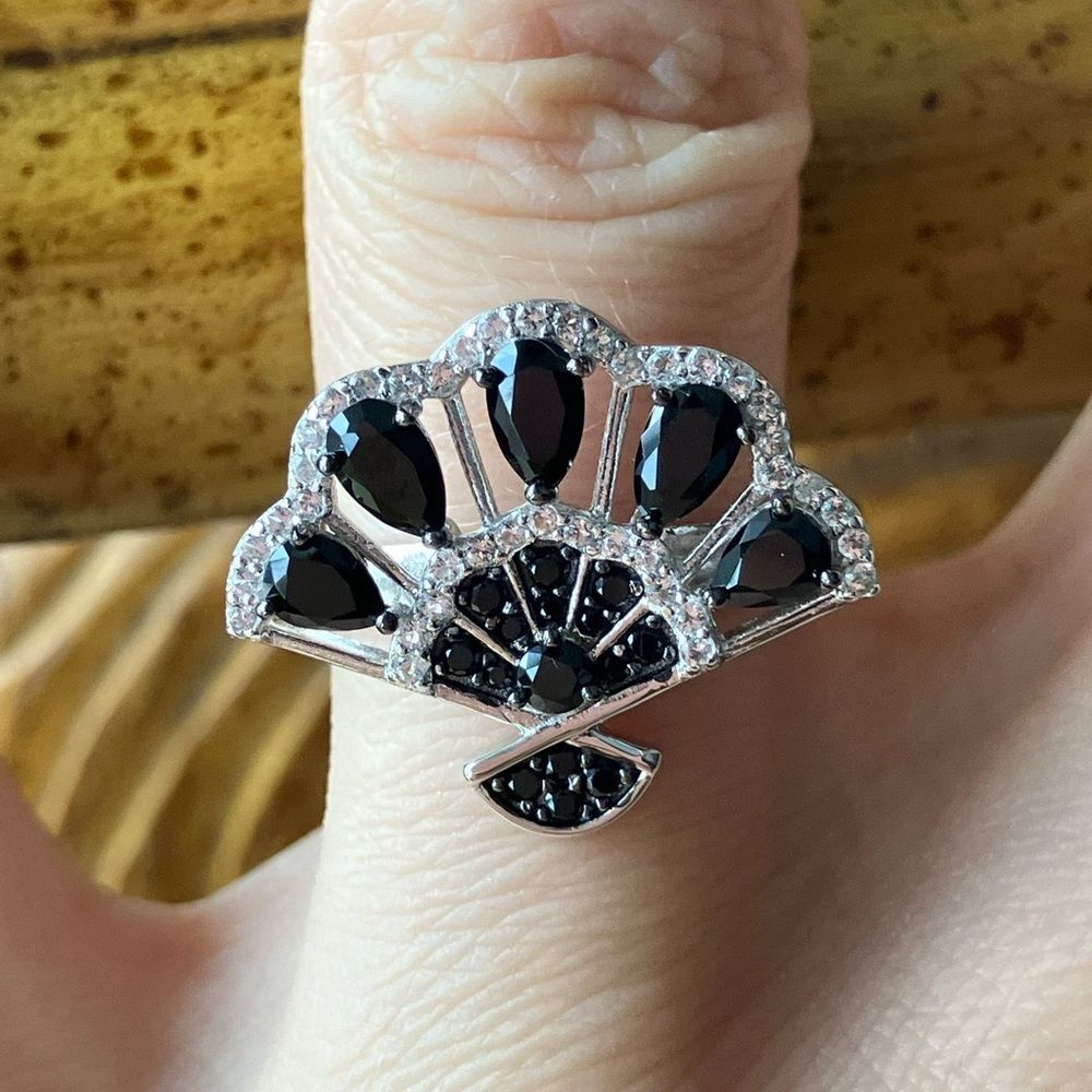 Natural Black Spinel White Topaz Sterling Silver Ring Size 8